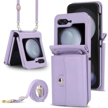 Imagem de Capa de couro com alça de pulso crossbody com suporte de cartão para Samsung Galaxy Z Flip 6 5 4 3 Flip6 Flip5 Flip4 Flip3 Capa carteira, roxa, para Galaxy Z Flip4