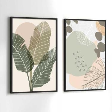 Imagem de Conjunto Quadros Decorativos com Moldura Folhas Clean Verde Rosa Kit 2