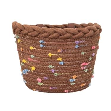 Imagem de Fenteer Cesta de bicicleta infantil, cesta frontal de bicicleta para crianças, transporte leve, corda de tecido, guidão para meninos e meninas, parques de, Marrom Escuro