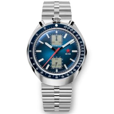 Imagem de RED Star Bull Head cronógrafo masculino super luminoso 1963 ST1901 movimento 3D bolha espelho piloto relógios de pulso mecânicos, Tira de aço azul, Luxuoso