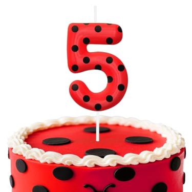 Imagem de Velas de aniversário de joaninha número 5, topo de bolo de bolinhas vermelhas e pretas para meninos e meninas, decorações de aniversário, suprimentos de festa, velas numéricas para decoração de festa