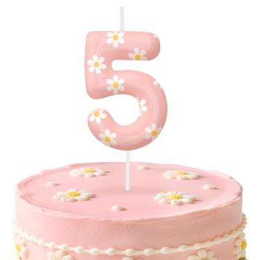 Imagem de Velas de aniversário rosa número 5, enfeite de bolo com tema de margarida para meninos e meninas, decorações de aniversário, suprimentos de festa, velas numéricas para decoração de festa