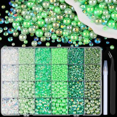 Imagem de 10.000 peças de pérolas planas e strass de resina para artesanato, meias pérolas verdes de 3 a 8 mm e strass de geleia de 3 a 6 mm com ferramentas de captação, pedras deslumbrantes para artesanato DIY