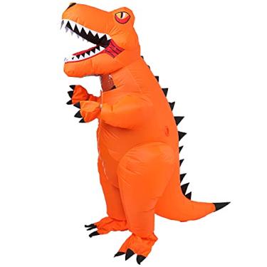 Imagem de Mahoon Fantasia inflável de dinossauro adulto T-Rex fantasia de Halloween traje de dinossauro macacão unissex para festa ao ar livre cosplay fantasias laranja