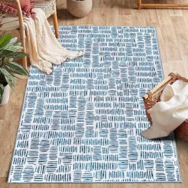 Imagem de ESSMOKO Tapete de sala de estar em estilo nórdico moderno, tapete de quarto, tapete de lã artificial, lavável na máquina, fácil de cuidar, 40 x 60 cm, listras curtas azuis