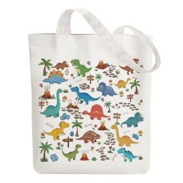 Imagem de ANATTASOUL Sacola de lona dinossauro reutilizável de algodão para mulheres, bolsa de ombro de tecido durável com bolsos com zíper para compras, férias, trabalho, academia