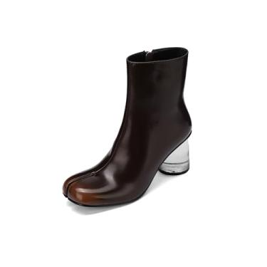 Imagem de Cuctos Bota feminina com bico dividido, salto bloco transparente, cano baixo, salto alto, tabi, zíper lateral, Marrom, 40