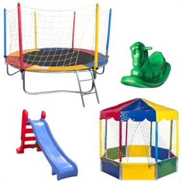 Imagem de Kit Playground Trampolim Cama Elástica Pula Pula 2,30m Piscina de Bolinhas 2,00m Oitavada Picadeiro Escorregador Médio Gangorra 1 Lugar