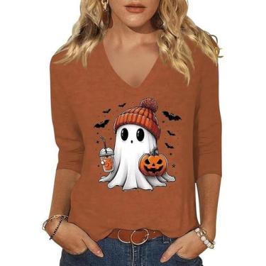 Imagem de Camiseta feminina CGTPI Halloween Ghost com decote em V, manga 3/4, ma