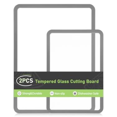 Imagem de IDekooror Tábua de corte, tábua de corte de vidro temperado para balcão de cozinha, conjunto de 2 peças de tábua de cortar com bordas de silicone antiderrapantes, resistente ao calor, lavável na