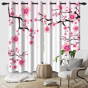 Imagem de SIEDYCV Cortinas de janela de 53 x 113 cm primavera rosa pêssego flor de pêssego, ramo de árvore, rosa, cerejeira, floral, cortinas blackout com ilhós, isolamento térmico, para decoração de casa e