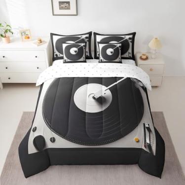 Imagem de Conjunto de edredom casal com leitor de discos de vinil, 7 peças, música, retrô, moderno, 1 edredom, 1 lençol de cima, 1 lençol com elástico, 2 fronhas, 2 fronhas
