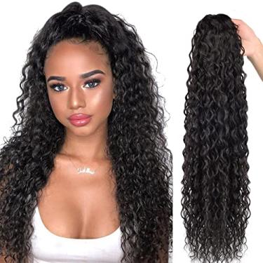 Imagem de Meepo Extensões de cabelo de rabo de cavalo cacheado de 76 cm com cordão sintético de ondulação profunda para mulheres negras, sensação de cabelo humano com clipe em rabo de cavalo grosso castanho natural (# 2,190 g)