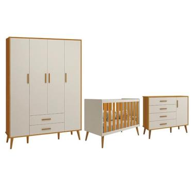 Imagem de Dormitório Infantil Isis Guarda Roupa 4 Portas, Cômoda 1 Porta e Berço Areia/Savana - Reller Móveis