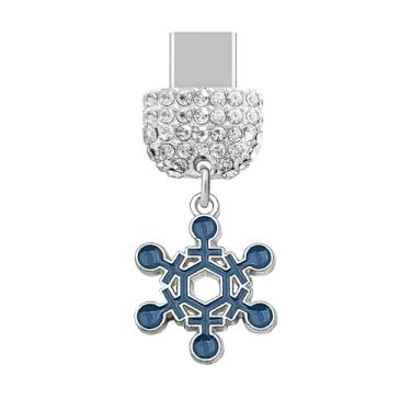 Imagem de ELISE & FONDA TP925 Tipo-C porta de carregamento cristal antipoeira pingente de celular pequeno floco de neve de Natal para iPhone 15/16/Samsung/OnePlus/Xiaomi/oppo telefones Android (azul)