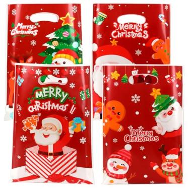 Imagem de Sacos de presente de Natal com alças, 50 peças, pequenos sacos de guloseimas de Natal, saco de plástico a granel para crianças, boneco de neve, Papai Noel, biscoitos, lanches, lembrancinhas de festa