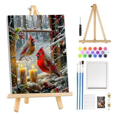 Imagem de MOGTAA Kit de pintura de cardeal de Natal por números para adultos iniciantes com moldura, kits de pintura de inverno para adultos por números em tela com cavalete, kits de pintura a óleo de vela DIY