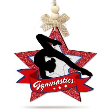 Imagem de CHOANG Enfeite de Natal de ginástica para meninas - Enfeite de árvore de Natal com estrela vermelha com glitter, 2 camadas de madeira - Decorações de férias exclusivas e especiais para atletas
