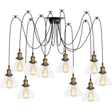 Imagem de Luminária pendente ajustável múltipla DIY teto aranha lâmpada, latão V-intage industrial vidro transparente sombra lustre pendurado iluminação, decoração moderna