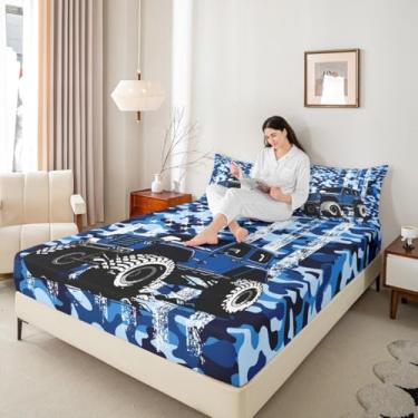 Imagem de Manfei Jogo de cama casal camuflado azul veículo off-road, carro de corrida, aventura, esportes, camuflagem, graffiti, bandeira americana, para decoração de quarto de crianças, adolescentes e adultos