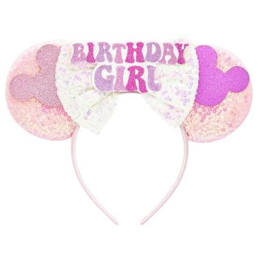 Imagem de HOkina Tiara de aniversário com orelhas de rato com glitter, laço de castelo rosa, decoração de aniversário de princesa para meninas e mulheres (rosa aniversariante)