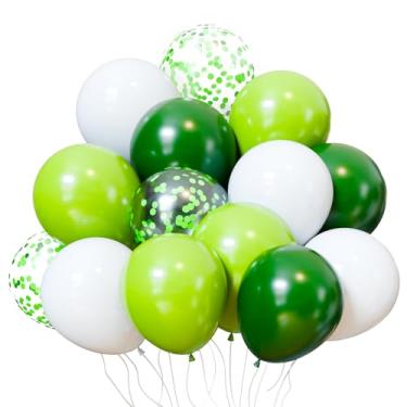 Imagem de KBZVNAF Balões de festa de látex verde e branco - 50 peças de balões de confete de ouro branco verde de 30 cm para suprimentos de balões de festa com tema de selva