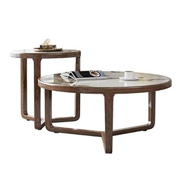 Imagem de Conjunto de 2 mesas de centro redondas, mesa de centro moderna, mesa lateral com tampo de ardósia e pernas de madeira, mesa de centro redonda para sala de estar