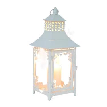 Imagem de Centro de Mesa Castiçal de metal antigo, lanternas suspensas, castiçal, lâmpada vidro, iluminação externa, jardim, lâmpadas, luzes Halloween para Jantar(Branco)