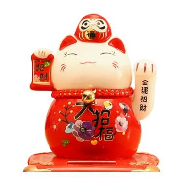Imagem de Tgfer Nova estátua de gato da sorte de cerâmica movida a energia solar de 10 cm Dharma Maneki Neko Becoking para exibição de casa/decoração de carro (vermelho)