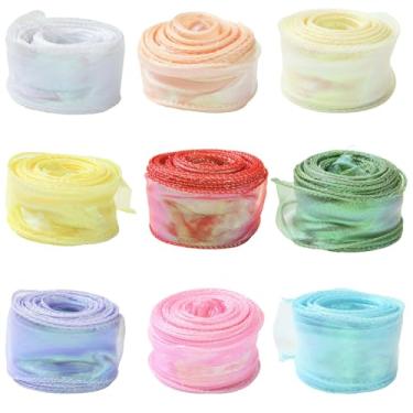 Imagem de Stiesy Fita de poliéster iridescente, 9 rolos de fita metálica transparente para fazer laços, decorações de festa de casamento em 9 cores, 3,5 cm de largura e 9,8 metros cada