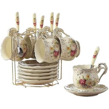 Imagem de Conjunto de chávenas de chá britânicas de primeira qualidade, estilo europeu, conjunto de xícaras de café de cerâmica marfim, xícara e pires de porcelana avançada com colher de aço inoxidável