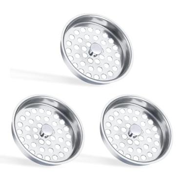 Imagem de Phivan Filtro de ralo de pia comercial de 8,5 cm, tampa de ralo de aço inoxidável, substituição de cesto de pia de cozinha para dreno de água residual torcido em 3 pias de compartimento (pacote com 3)