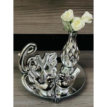 Imagem de Kit Decoração Sala Prata Vaso Flores Bandeja Vidro Passarinho Mesa - A
