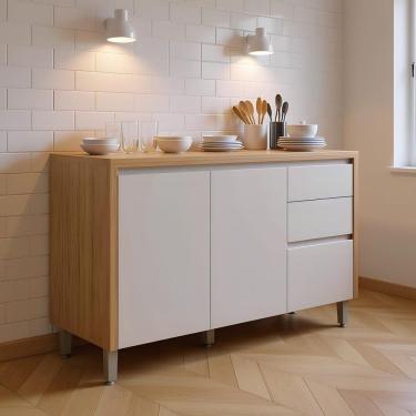 Imagem de Balcão De Cozinha 1,2m Com 2 Portas 3 Gavetas Pés Regulável