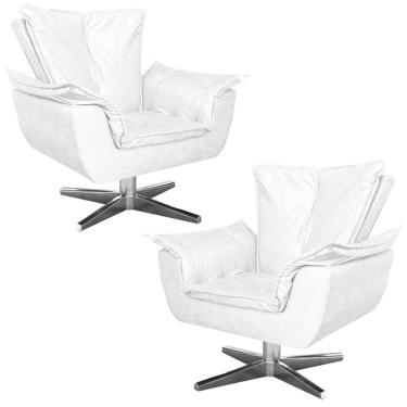 Imagem de Kit 2 Poltronas Decorativas Base Giratória Cromada Charger PU Branco - Gran Belo
