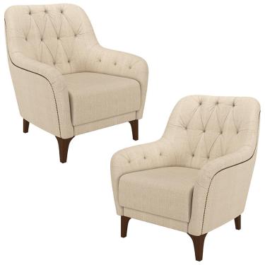 Imagem de Kit 2 Poltronas Decorativas Pés em Madeira Petra Linho Champagne - Gran Belo