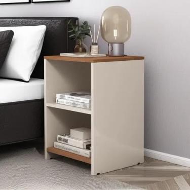 Imagem de Conjunto Kit 2 Mesas de Cabeceira Compacta de Quarto Mesinha Apoio Lateral para Cabeceira Cama com 2 Nichos Organização e Decoração Abertos 48cm x 33cm x 30cm Design Clean Dubai - Offwhite/Freijó