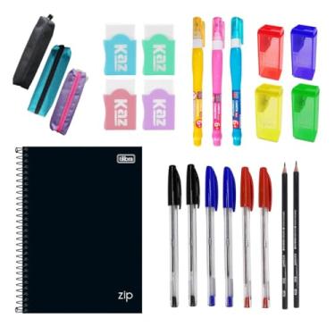 Imagem de Kit Material Escolar Faculdade 13 Itens Papelaria Estudo Caderno Lápis Caneta Borracha Aluno Estojo