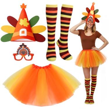Imagem de Chicingyou Conjunto de 4 peças de fantasia de peru de Ação de Graças para mulheres, chapéu de feltro, tutus, meias até o joelho, óculos de sol para cosplay, Preto e laranja, One Size
