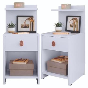 Imagem de Kit 2 Mesas de Cabeceira com Gaveta e Prateleira Modernas para Quarto Casal, Criado-Mudo de Madeira Funcional Design Compacto(BRANCO)