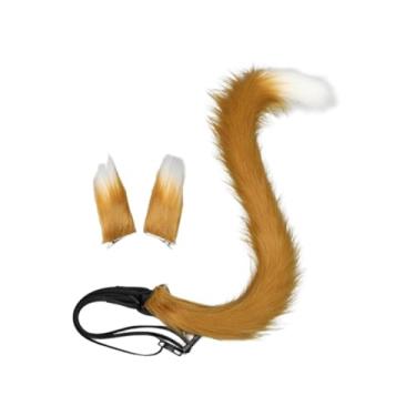 Imagem de UGPLM Conjunto de orelhas e cauda de gato para cosplay, mulheres e meninas, rabo longo de gato para fantasia, baile de máscaras, Camelo Branco