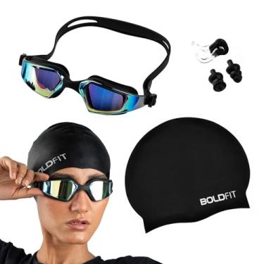 Imagem de Boldfit Conjunto de toucas de natação com tampões de ouvido e nariz para homens, touca de natação lisa e óculos para mulheres, combinação de touca de natação de silicone para mulheres com alça