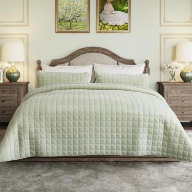 Imagem de Fleeco Conjunto de edredom queen de veludo, frente e verso, reversível, 238 x 236 cm, supermacio, luxuoso, com 2 fronhas combinando, roupa de cama para todas as estações, verde sálvia