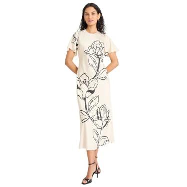 Imagem de Maggy London Vestido feminino de manga curta e gola redonda - Vestido floral midi para convidados de casamento, Creme/preto, 46