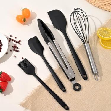 Imagem de Conjunto de 5 peças de utensílios de cozinha de silicone, conjunto de espátulas de cozinha com suporte, utensílios de cozinha de silicone resistentes ao calor, conjunto de ferramentas para panelas