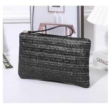 Imagem de Carteiras de pulso para mulheres, bolsa clutch de palha boêmia verão praia bolsa de viagem, Preto, 45.3 square inches
