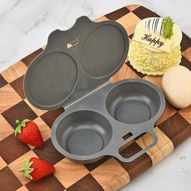 Imagem de Caçador de ovos cinzentos, caldeira de ovo de micro-ondas fácil de limpar, máquina de ovo escalfado antiaderente de 2 cavidades com tampa, panela de ovos, copos escalfados de drenagem dupla