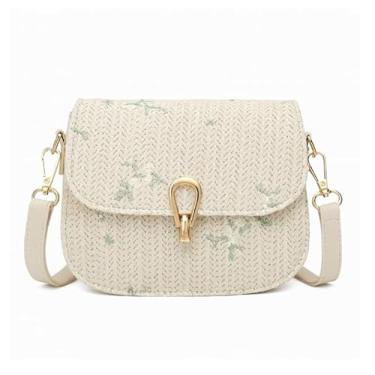 Imagem de Bolsa tiracolo feminina de tecido – Bolsa de ombro estilo palha pequena com alça ajustável, Off-white, Bolsa tiracolo