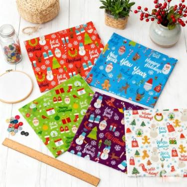 Imagem de 5 pacotes de tecido acolchoado de Natal, quadrados de tecido de padrão diferente com boneco de neve e Papai Noel, suprimentos de artesanato de costura de algodão DIY 50 * 40 cm