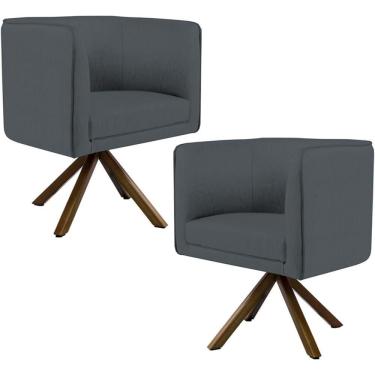 Imagem de Kit 02 Poltronas Base Giratória De Madeira Corano Cinza